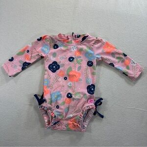 Ruffle Butts 6-12 M 1 piece UPF 50 Long Sleeve Rashguard Pink Floral